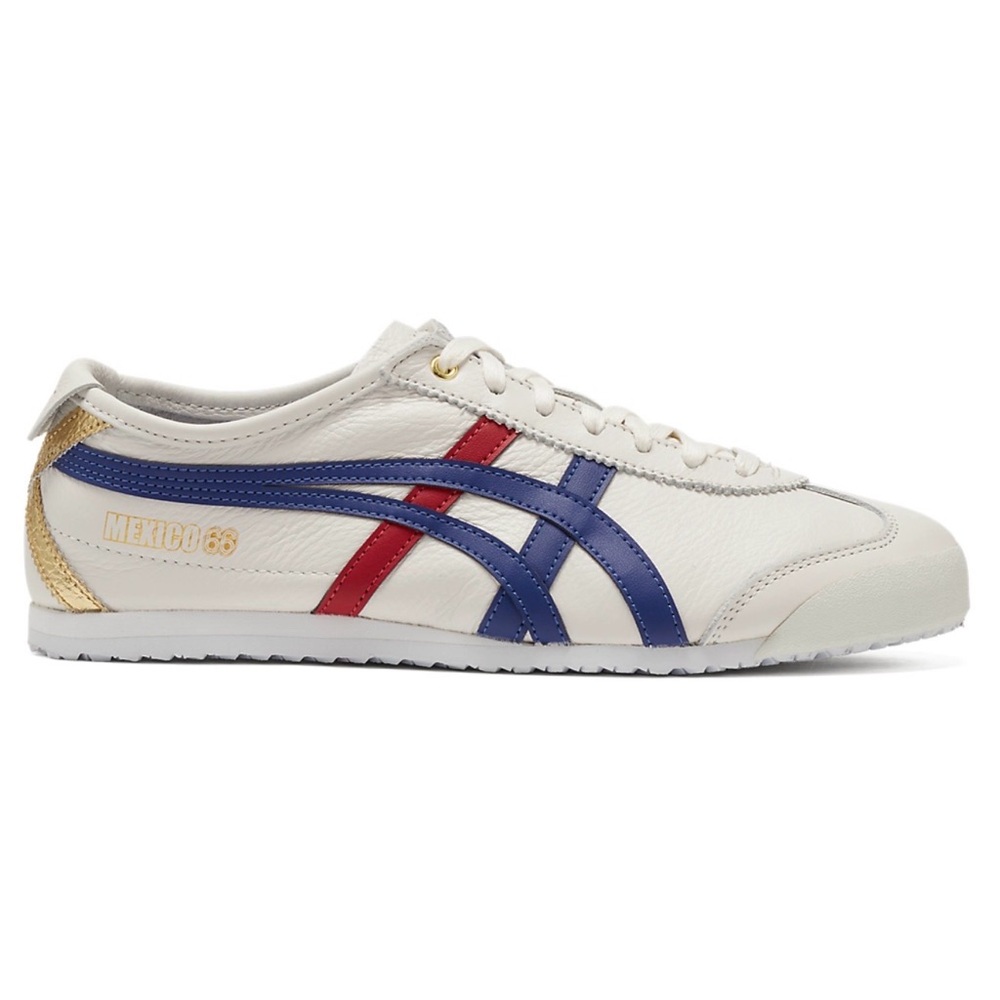 Onitsuka Tiger Mexico 66 Classic White Sneakers blue and red logo, gold accents